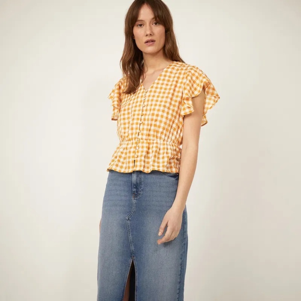Warehouse Women’s Mustard Yellow Gingham Peplum Hem Top - Picture 4 of 14